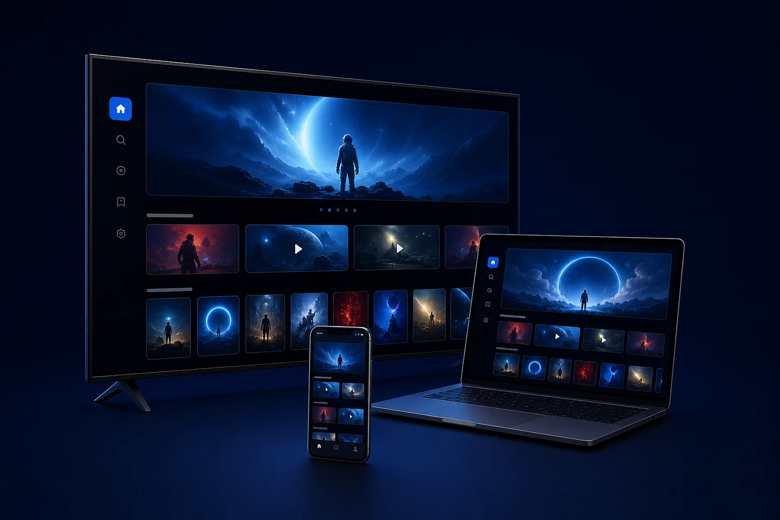 Live television preview shown across a television, laptop, and phone