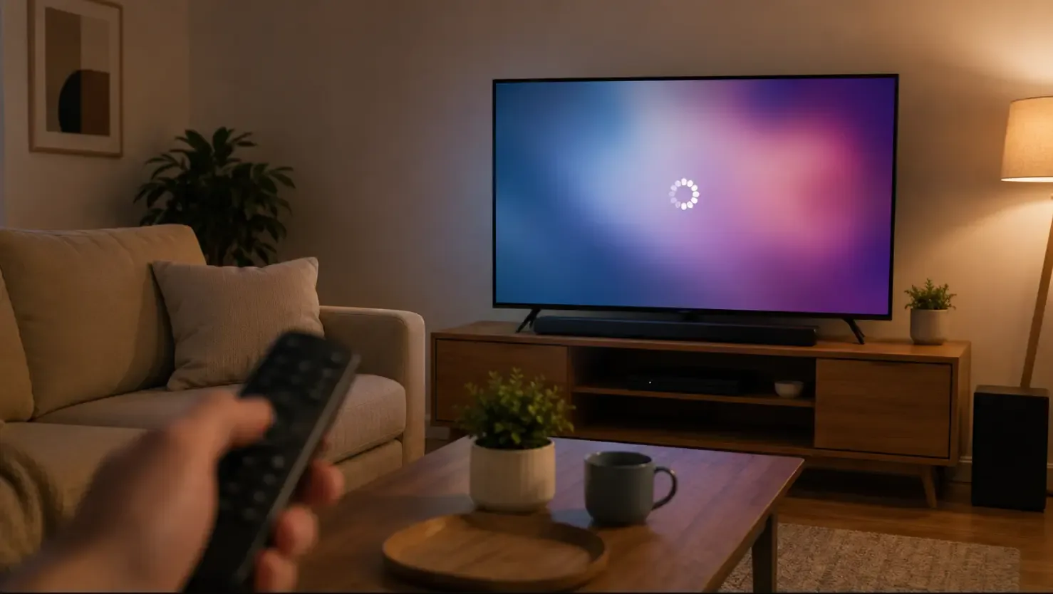 Smart TV screen showing a freeze or loading spinner during IPTV buffering