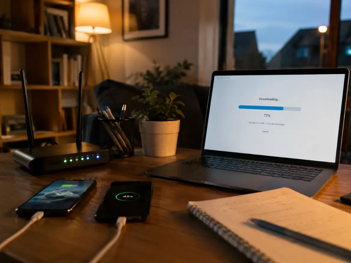 Home office corner with router and multiple devices creating network load
