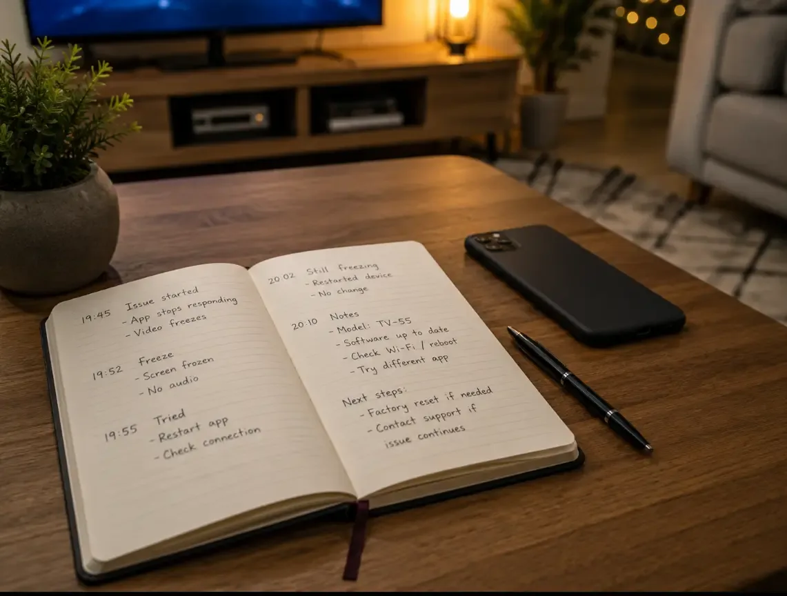 Notebook test log with times and device notes for IPTV buffering diagnosis