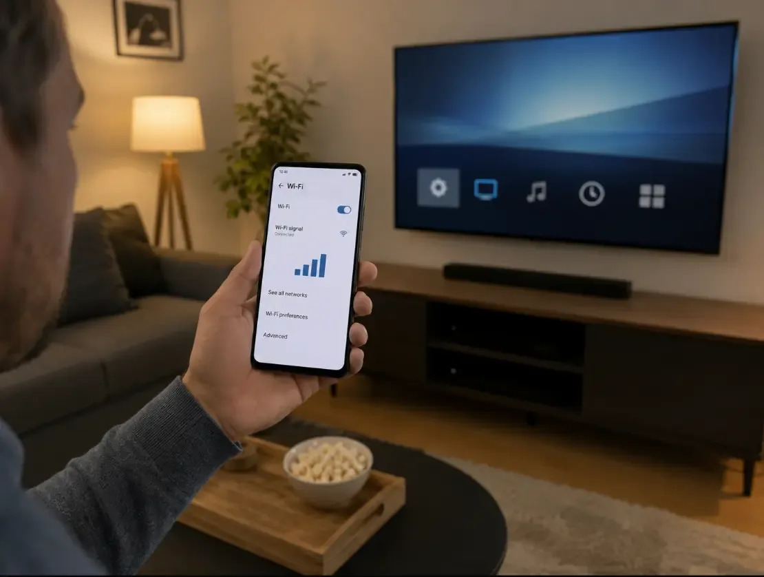 Checking Wi-Fi signal strength on a phone next to a wall-mounted Smart TV