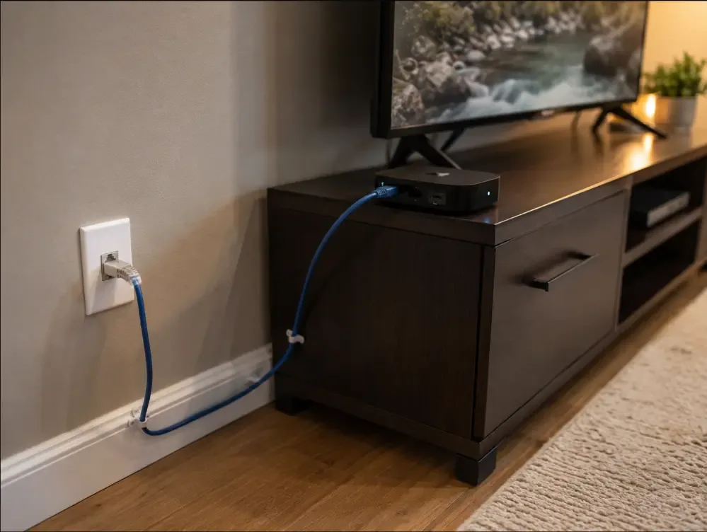 Temporary Ethernet cable connected for an IPTV Smart TV control test