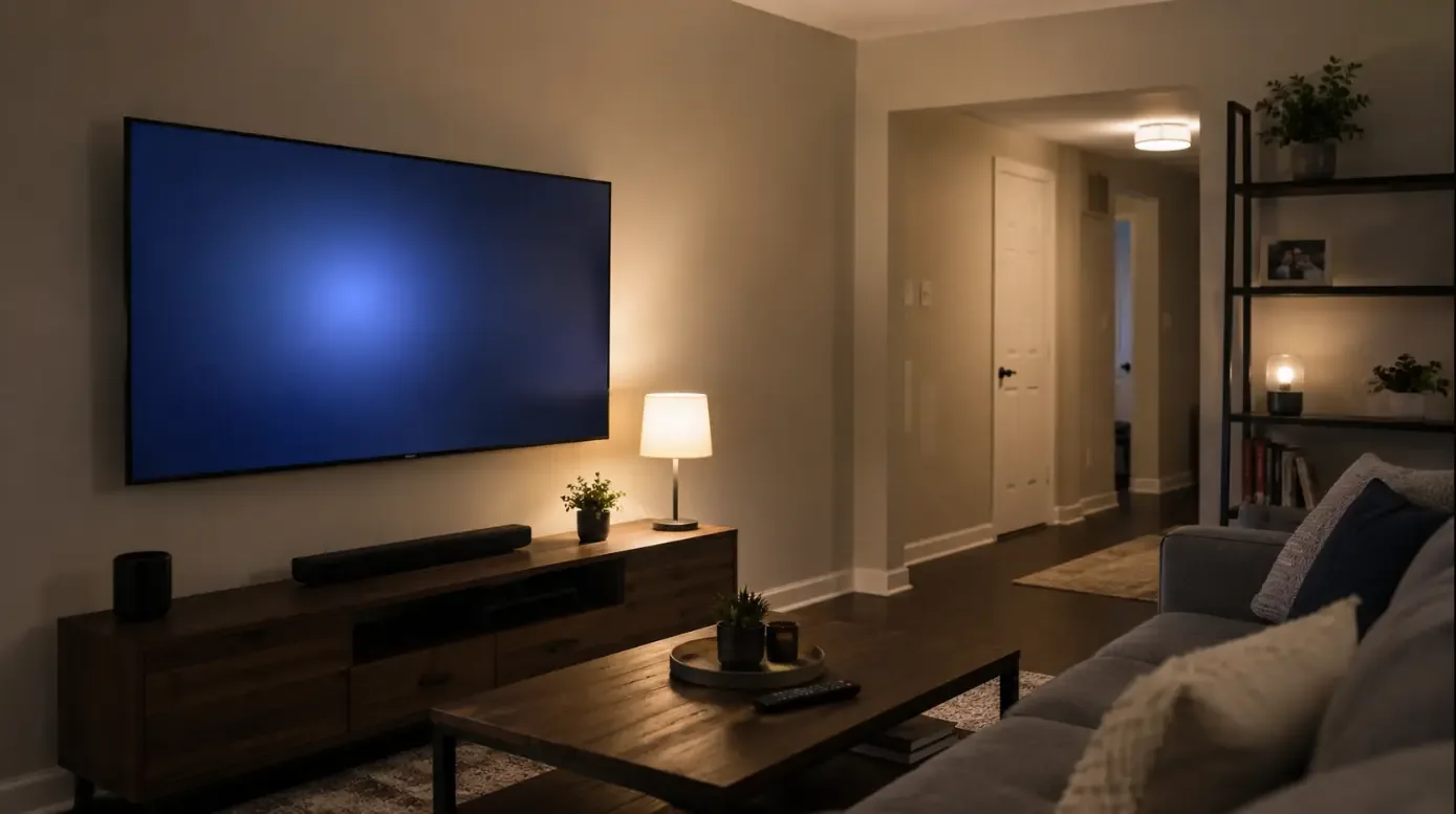 Wall-mounted Smart TV in a living room prepared for an IPTV setup trial