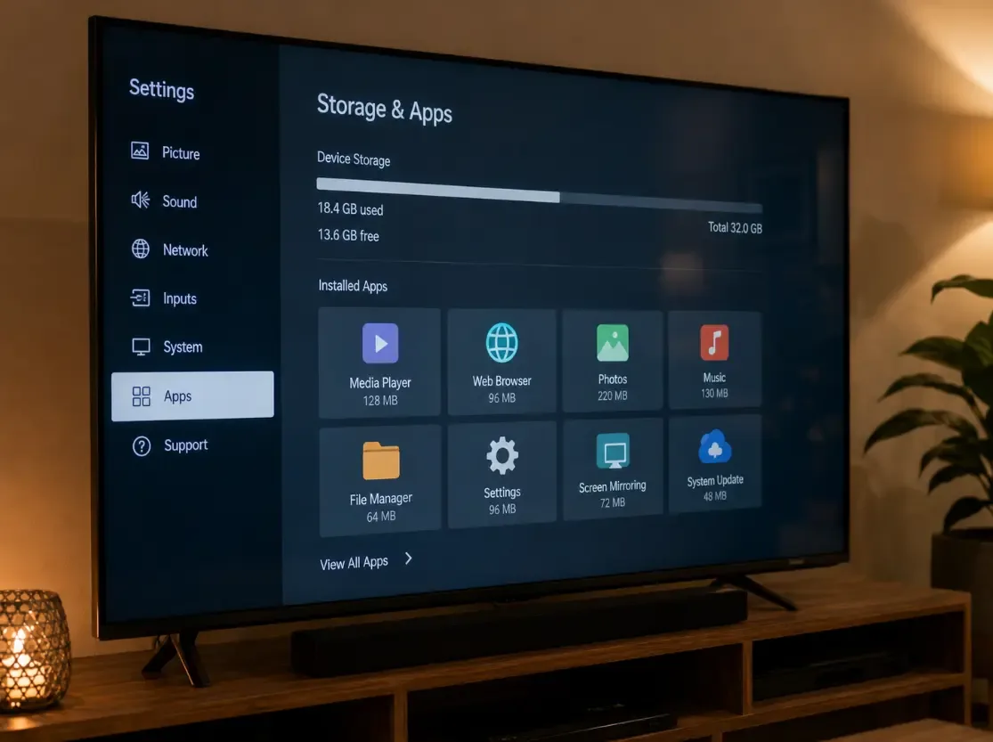Smart TV storage and apps management screen during IPTV preparation