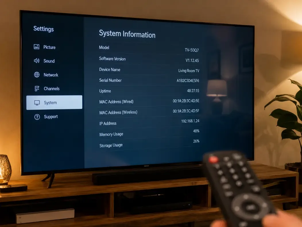 Smart TV system information settings showing model and software version