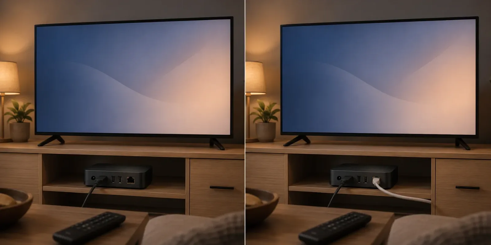 Android-TV-Box unter dem Fernseher für WLAN- vs. Ethernet-Vergleich