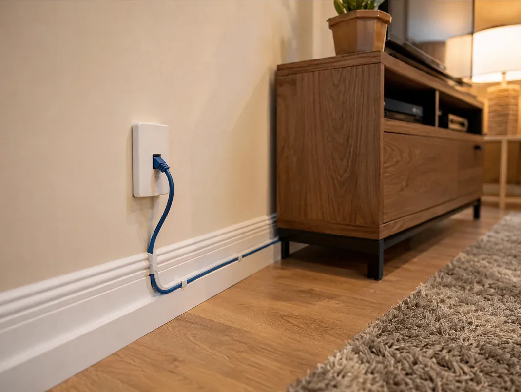 Kurzes Cat6-Ethernet-Kabel sauber hinter der Fußleiste zum TV-Möbel geführt