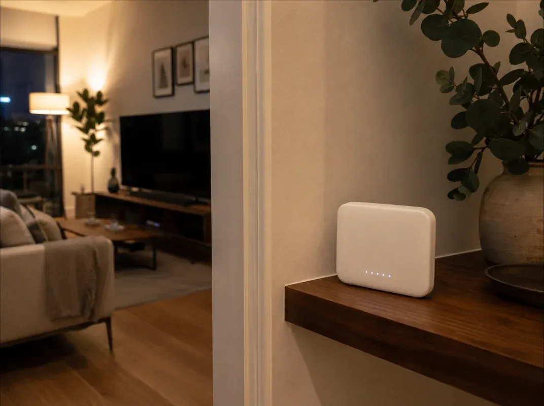 WLAN-Access-Point im Flurregal, durch eine Wand vom Wohnzimmer-TV getrennt