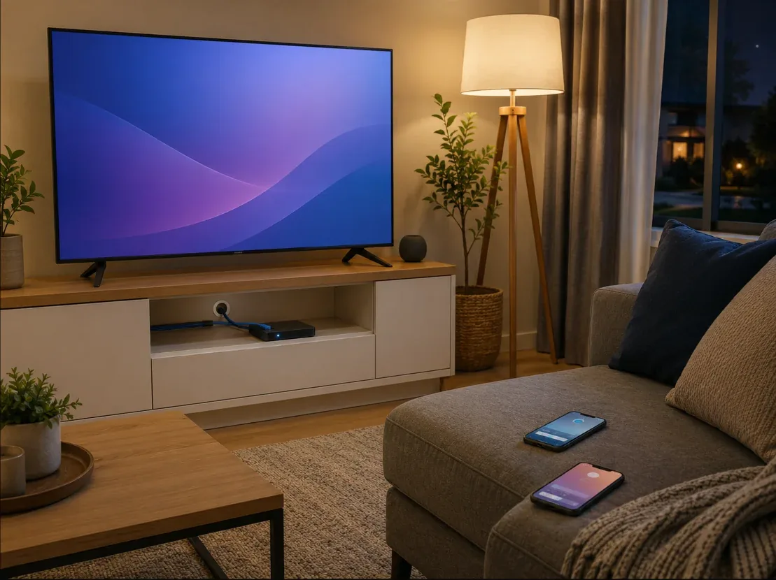 Fertige Installation: Hauptbildschirm verkabelt, Telefone per WLAN